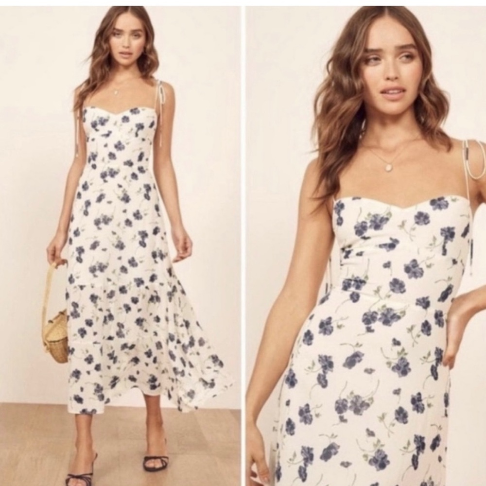 Reformation White and Blue Floral Emmie Midi Dress Size 4